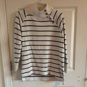 J.Crew Factory Black &White Striped Button-Detail Sweatshirt Small Funnel Neck